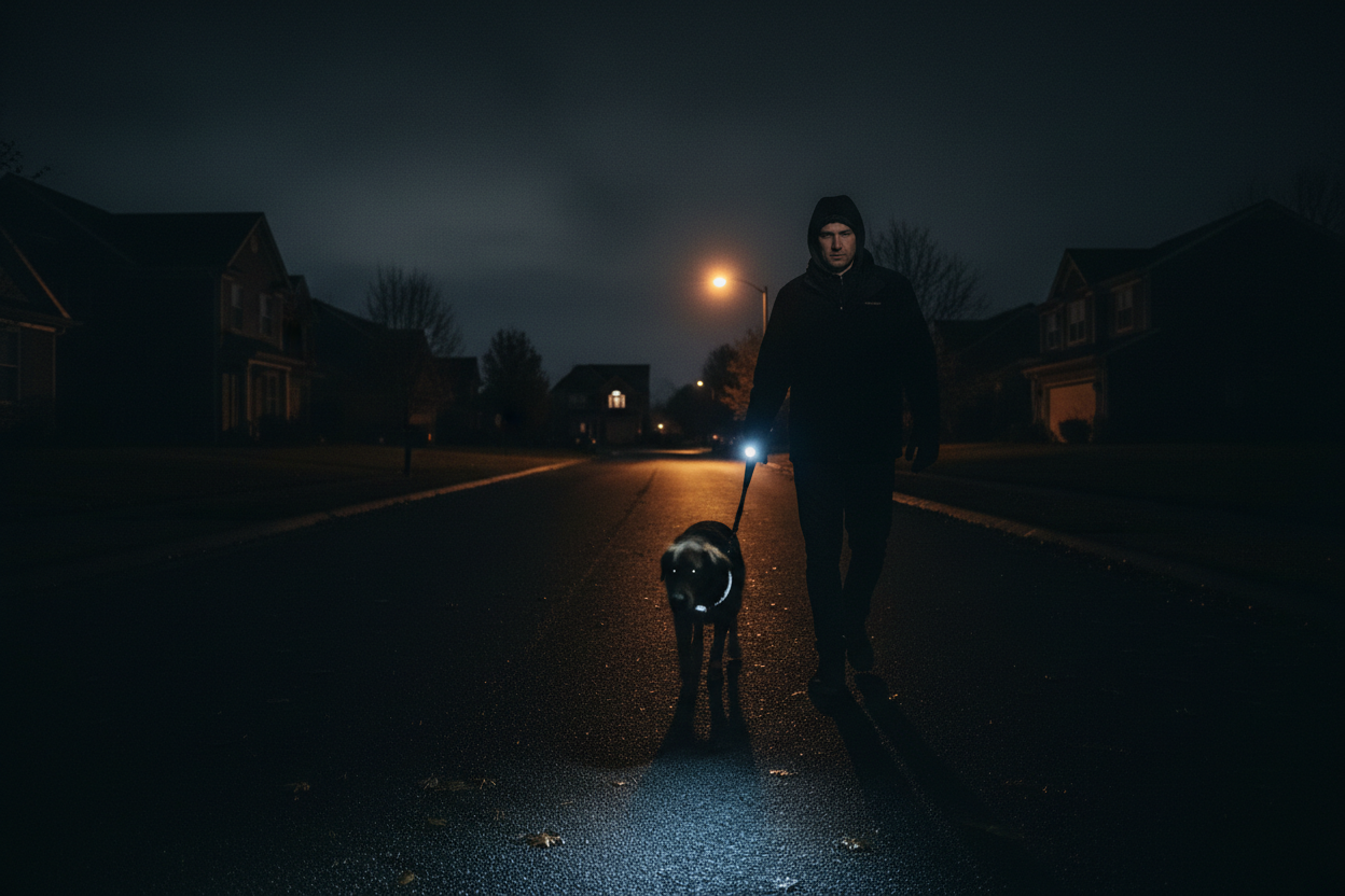 Dog walking at night with low visibility, dark environment, dog barely visible in the shadows, quiet suburban street, realistic night lighting, natural and serious mood, professional photo.
