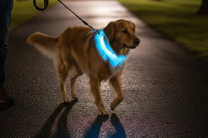Realistic photo of a dog walking at night with its owner, wearing a bright LED safety collar clearly visible in the dark. Calm night walk in a suburban street or park, natural low-light, realistic LED glow, professional photography, vertical mobile-friendly image.
